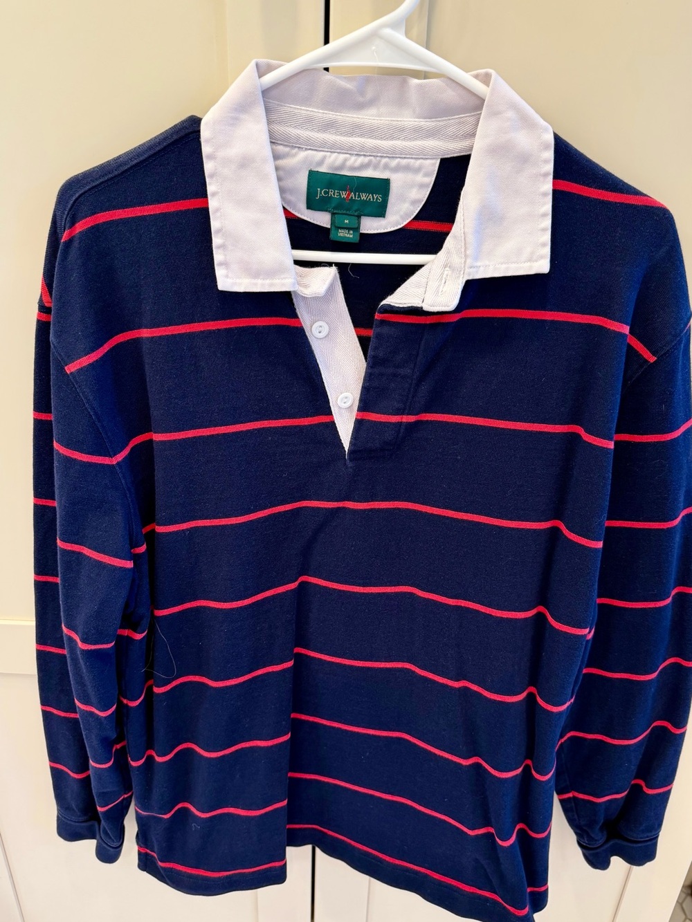 J. Crew Navy Rugby Polo with Red Stripes and White Collar